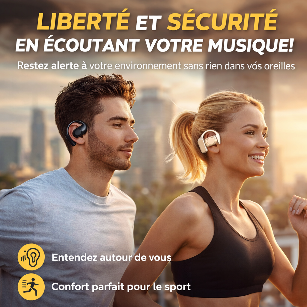 🔊 ÉCOUTEURS BLUETOOTH OPEN-EAR – CONFORT & SÉCURITÉ